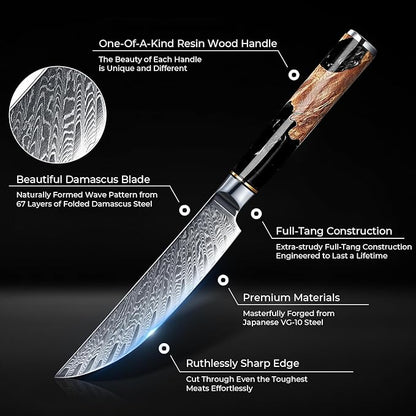 SENKEN Damascus Steak Knife Set - Black Tsunami Collection - 67-Layer Japanese VG10 Steel - Razor Sharp Non-Serrated Blades, Black Resin & Burl Wood Handles, Luxury Gift Box