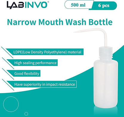6pcs of Economy Wash Bottles, Vol.500ml (17oz), Narrow-Mouth, Self-Venting Safety Wash Bottles, LDPE Material,IN-WBN500