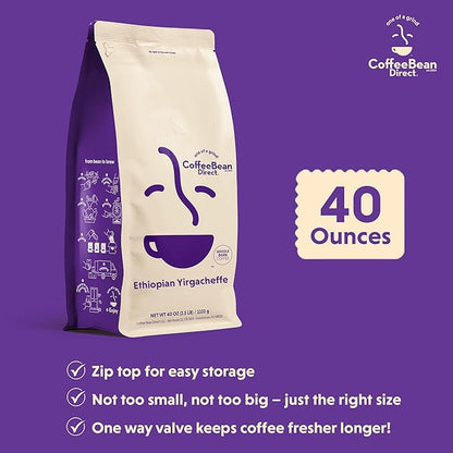 Coffee Bean Direct Ethiopian Yirgacheffe, Whole Bean Coffee, Light Roast, 2.5 Pound Bag (Pack of 1)