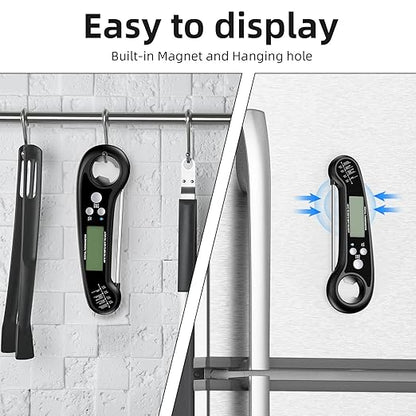 Instant Read Meat Thermometer for Grill and Cooking, Fast and Accurate Digital Food Thermometer with Backlit bi-fold Probe for Kitchen ovens, Frying, Candy, Steak (Black)