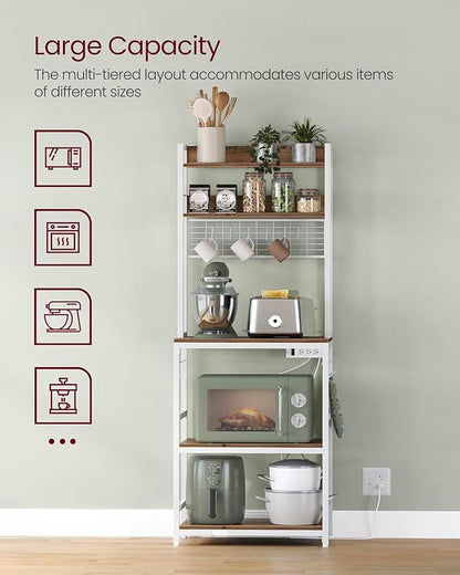 VASAGLE Hutch Bakers Rack with Power Outlet, 14 Hooks Microwave Stand, Adjustable Coffee Bar with Metal Wire Panel, Kitchen Storage Shelf, 15.7 x 23.6 x 66.9 Inches, Rustic Walnut and White UKKS037W41