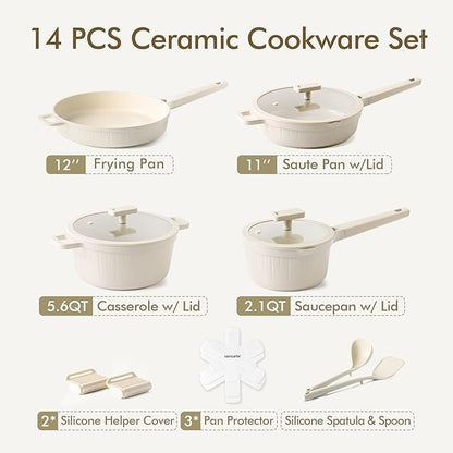 SENSARTE Ceramic Cookware Set Non-toxic 14 Pcs, Nonstick Pots and Pans Set, Dishwasher Safe Induction Cookware, Healthy Kitchen Cooking Set, PFOA/PFAS/PTFE Free