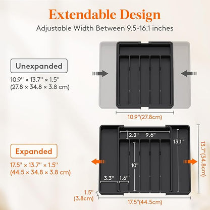 Lifewit Silverware Drawer Organizer, Expandable from 11 to 18 inches, Utensil Tray for Kitchen, BPA Free Flatware Cutlery Holder, Adjustable Plastic Storage for Spoons Forks Knives, Large, Black