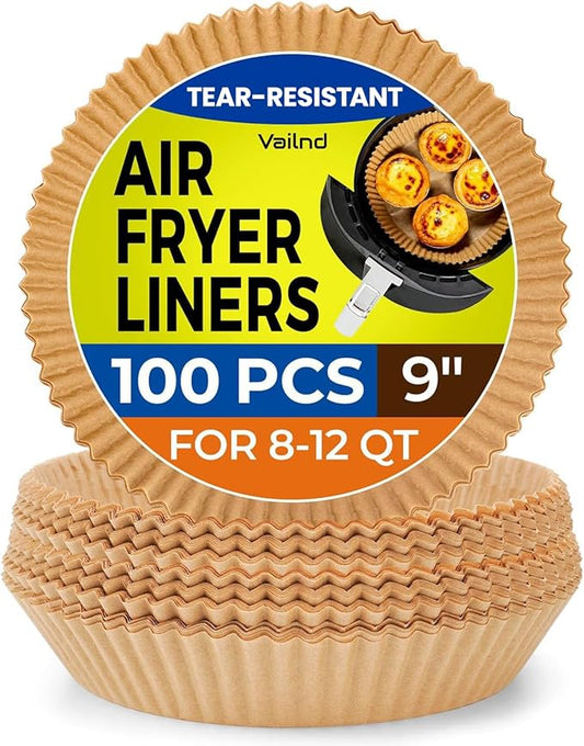 Vailnd Disposable Air Fryer Paper Liners, 9 Inch Max Xl Large Cooker Airfryer Parchment Paper Liners, 100Pcs Oil Proof Round Basket Bowl Liner Baking Paper for 8-12 QT Air Fryer Microwave