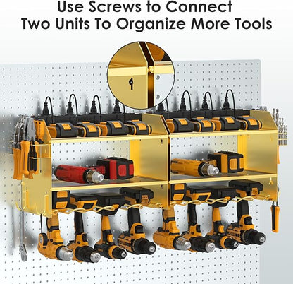 CCCEI Modular Power Tool Organizer Wall Mount with Charging Station. Garage Drill Storage Shelf with Hooks, Heavy Duty Rack, Tool Battery Holder Built in 8 Outlet. Gift for Men. Glod, 1 Pack.