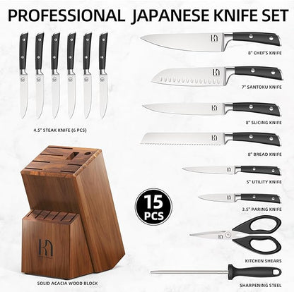 Knife Set, 15 Pcs Kitchen Knife Block Sets with Sharpener, Japanese High Carbon Stainless Steel Set of Knives, Premium Razor Sharp Black Knives Set with Block for Kitchen, Ergonomic Handle