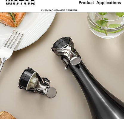 WOTOR Champagne&Wine Bottle Stoppers Stainless Steel with Food Grade Silicone, Leak Proof Keep Fresh Reusable Saver, Cork Suitable for Wine, Champagne, Cava, Prosecco and Sparkling (8 Pack Black）