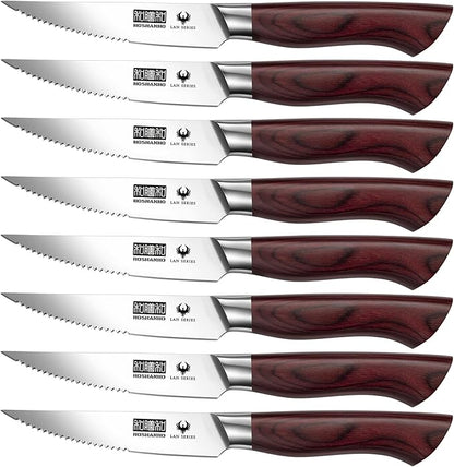 HOSHANHO Steak Knife Set 8 Pieces, 4.5 Inch Super Sharp High Carbon Stainless Steel Steak Knife Set, Professional Premium Serrated Precise Cutting with Ergonomic Wood Handle