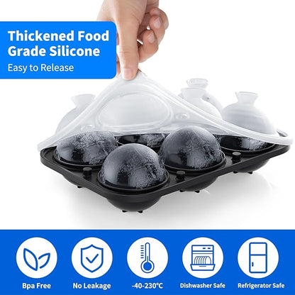 6 Chamber 2.2" 3D Round Ball Ice Cube Tray With Funnel,Large Circle Ice Ball Maker Mold Silicone Fun Shapes Bourbon Sphere Ice Cube Molds,For Chilling Whiskey,Cocktails,Bourbon,Brandy and Beverages