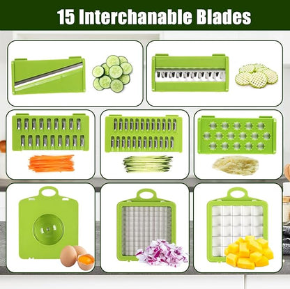 15 in 1 Professional Vegetable Multi-Functional Food Cutting Machine - Salad, Cheese Grater, Mandolin Slicer and Container