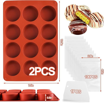 Mity rain Chocolate Bar Mold Deep, Silicone Dubai Chocolate Bar Pistachio Molds with Bags Scraper, Round Fix Chocolate Bar Dubai Candy Bar Mold for Filling Knafeh Pistachio Cream（2pc）
