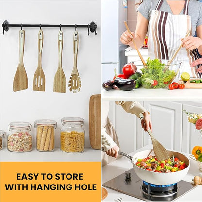 GEEKHOM Bamboo Spatulas for Nonstick Cookware, 13 Inch Wooden Kitchen Utensils, 4 Pack Wooden Spatula for Cooking, Slotted Wok Turners, Flipper for Pancake, Fish, Egg