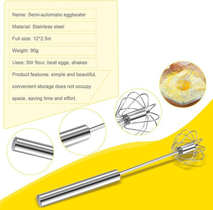 Stainless Steel Egg Whisk, 12 Inch Hand Mixer, Upgraded Semi-automatic Whisk, Ideal For Blending, Whisking, Baking tool, Beating Eggs, Butter & Milk, Suitable For Home Kitchen Use.