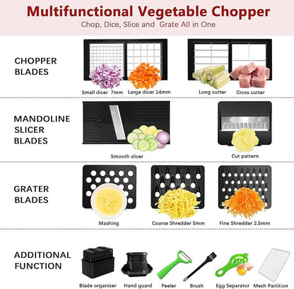 Vegetable Chopper, Onion Chopper Dicer, Mandoline Slicer, Food Chopper with Container, Vegetable Cutter for Salad Potato Carrot Garlic（9 Blades, White Black）
