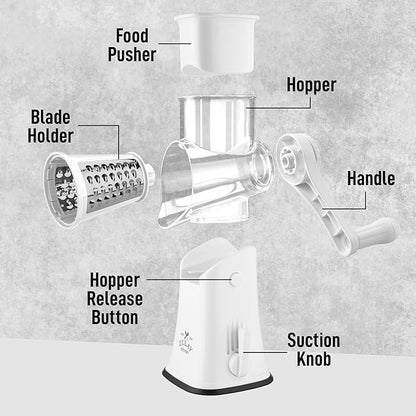 Zulay Kitchen Rotary Cheese Grater 5 Blade Cheese Shredder - Manual Hand Crank Cheese Grater With Reinforced Suction & 5 Interchangeable Drums - Easy to Use, Vegetable Chopper Round Mandoline Slicer