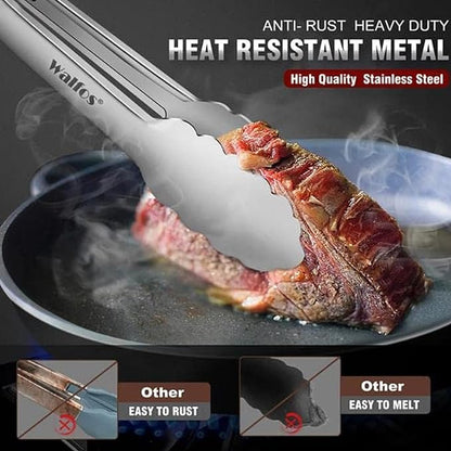 Walfos Kitchen Tongs for Cooking, 600℉ Heat Resistant Stainless Steel Tongs, All Metal Heavy Duty Tongs For Food ,BBQ Grilling - 7 ，9 and 12 Inch ,Set of 3