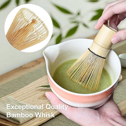 Pink Matcha Whisk Making Set - Japanese Tea Kit with Whisk Bowl and Bamboo Scoop Ceramic Chawan with Spout for Traditional Tea Ceremony Complete Matcha Making Tools Gift for Tea Lovers (Pink, 7 PCS)