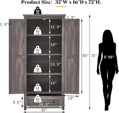 AMERLIFE 72" Tall Kitchen Pantry Storage Cabinet, Farmhouse Food Pantry Cabinet for Kitchen, Living Room, Dining Room, Adjustable Shelves and Drawer, Rustic Grey