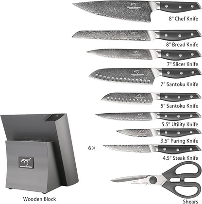 NF NANFANG BROTHERS Damascus Kitchen Knife Set, 16-Piece with Block, ABS Ergonomic Handle, Carving Fork, Disconnect-type Knife Block (Gray)