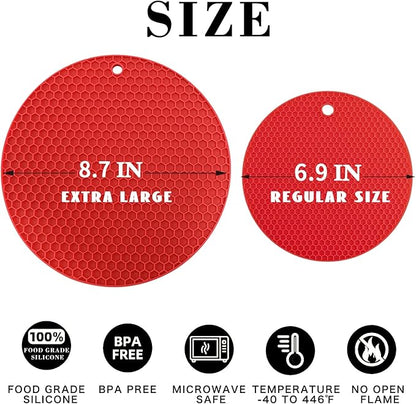 Silicone Trivets for Hot Pots and Pans - 4PCS Heat Resistant Oversized Silicone Pot Holders Hot Pads for Kitchen, Multipurpose Round Trivet Mat, Spoon Holder & Jar Opener, Drying Mat（Red）