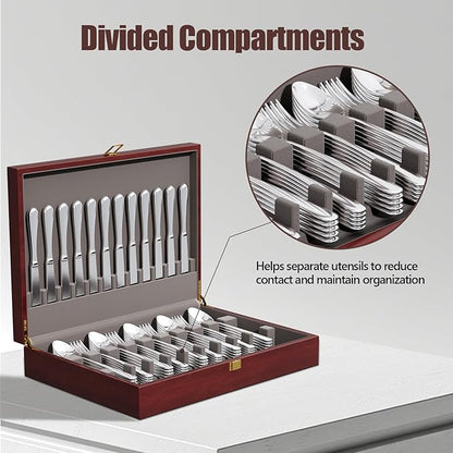Mahogany Wood Silverware Storage Box,Silverware Case Flatware Chest with Felt Lined,Flatware Storage Box for 12 sets of Utensils,Silverware Chest without Silverware,Silverware Organizer with Lid