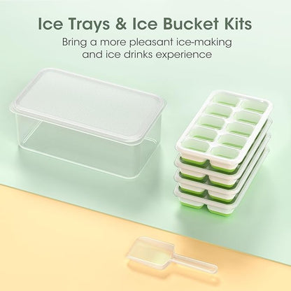 DOQAUS Ice Cube Tray with Lid and Bin, 4 Pack Silicone Plastic Ice Cubes Trays for Freezer with Box/Container, Stackable with Storage Iced Bucket Kits, Scoop, for RV, Soup, Food, Cocktail, Coffee