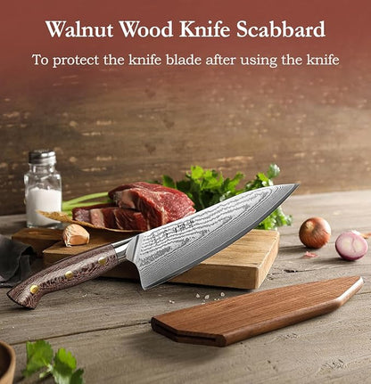 HEZHEN Damascus Chef Knife with Sheath, 8.3 Inches, 67 Layers Dmascus Steel Japanese Kitchen Knifefor Professional Chefs and Family, Micarta Handle,Gift Ready