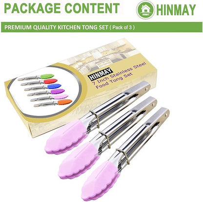 7-Inch Serving Tongs with Silicone Tips Clam Shell Mini Tongs, Set of 3 (Pink)