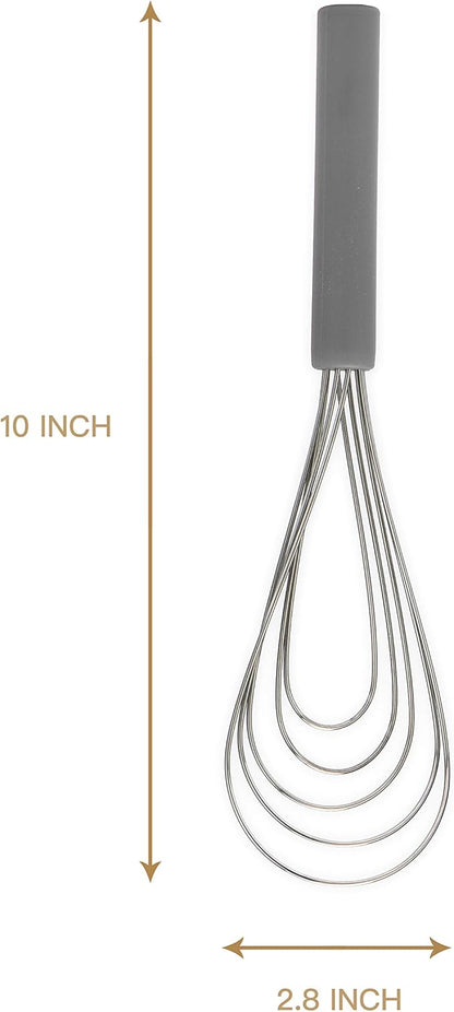 Flat Whisk Silicone Handle Non Slip 10" - 5 Wires Whisk with 10 Heads for Kitchen Cooking by Jell-Cell (Grey)