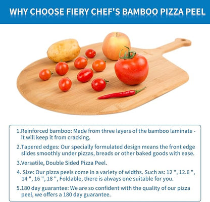 12” Bamboo Pizza Peel - Lightweight Smooth Wooden Pizza Paddle and Pizza Cutting Board with 8 Slice Grooves, Outdoor Pizza Oven Accessories, 17.3 Inch x 12.2 Inch