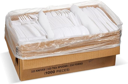 1,000 Plastic Disposable Cutlery Bulk Variety Pack White Medium Weight Includes 334 forks, 333 knives, 333 soup spoons, Disposable Silverware Plastic Cutlery