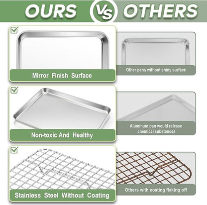TeamFar Toaster Oven Pan with Rack Set, 9’’ x 7’’ x 1’’ Stainless Steel Compact Toaster Oven Small Baking Pan Tray with Mini Cooling Grid Rack, Healthy & Heavy-Duty, Dishwasher & Oven Safe, 2pcs