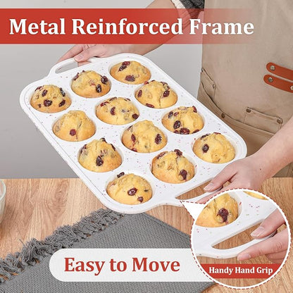 Silicone Muffin Pan with Metal Frame, Metal Reinforced Frame Regular Size Cupcake Pan with Handle 12 Cups Nonstick Muffin Pan for Baking BPA Free 2 Pack
