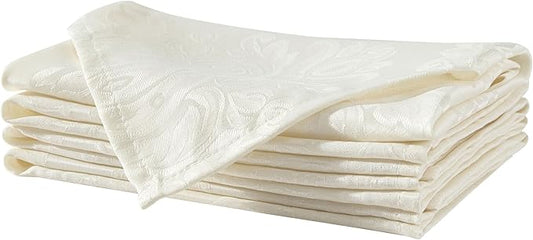 Newbridge Barcelona Luxury Damask Fabric Napkins, Set of 4 Square Napkins, Antique White, 100% Polyester, No Iron, Soil Resistant Dining Room, Party and Banquet Napkins