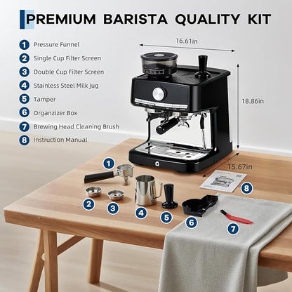 Garvee 20 Bar Pressure Espresso Machine with Grinder, 1.5L Removable Water Tank, Milk Frother Steam Wand for Latte/Cappuccino (BLACK,20Bar,With Grinder)