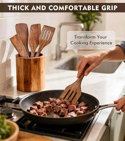 4Pcs Wooden Spatula for Cooking, Acacia Wooden Spatula for Kitchen Use, Nonstick Cookware Safe Utensils Set including Turner, Slotted Turner, Paddle and Scraper, Ideal Cooking Utensils Gift Set