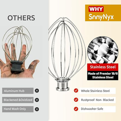 K5A 6 Wire Whip Attachment for KitchenAid 5 6 Quart Bowl Lift Stand Mixer, Dishwasher Safe, 18/8 Stainless Steel, 6 Wire Whip for K4, K5, K5SS, KSM5, KG25, KF26, KP50, KSM6573, Professional 6000