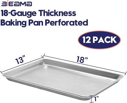 12 Pack Half Size 18" x 13" Aluminum Baking Sheet Pan Perforated, Commercial Bakery Equipment Cookie Sheets, NSF Approved Baking Tray