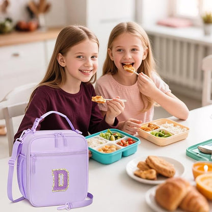 Initial Insulated Lunch Bag for Girls Kids, Back to School Gift, Reusable Leak-proof Lunch Box with Adjustable Strap for School Daycare Travel Picnic (Purple,D)