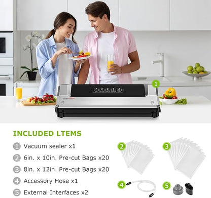 Bonsenkitchen Vacuum Sealer Machine with 40 Bags | Compact Food Sealer for Kitchen Storage & Meal Prep | Multiple Modes | External Vacuum System, Silver