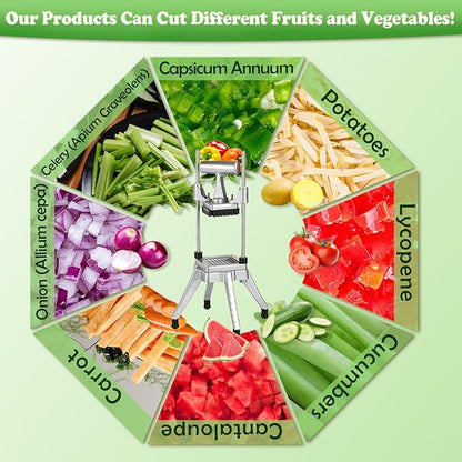 Commercial Vegetable Fruit Chopper, Stainless Steel Potato Cutter with 1/2 Inch, 3/8 Inch and 1/4 Inch Blades, Durable French Fry Cutter, Easy Clean Manual Cutter for Tomatoes Peppers Mushrooms
