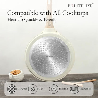 ESLITE LIFE 9.5 Inch Crepe Pan with Spreader, Nonstick Ceramic Flat Skillet Dosa Tawa Comales Para Tortillas Pancake Pan, PTFE & PFOA Free, White