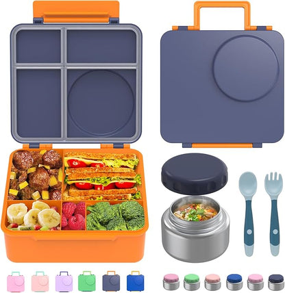 Bento Box for Kids - Leak-Proof Bento Lunch Box with Insulated Thermos Food Jar - 4 Compartments, 1 Removable Divider, 1Spoon, 1 Fork - Dishwasher Safe, BPA-Free (Navy blue)
