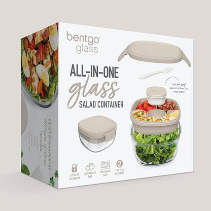 Bentgo Glass All-in-One Salad Container - Large 61-oz Salad Bowl with Lid, 4-Compartment Bento-Style Tray, 3-oz Sauce Container, & Reusable Fork - Dishwasher, Microwave, & Oven Safe (White Stone Tan)