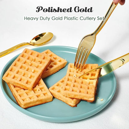 FOCUSLINE 300 Pack Disposable Gold Plastic Forks, Solid and Durable Plastic Cutlery Forks, Heavy Duty Disposable Utensil Silverware for Catering, Parties, Dinners, Weddings