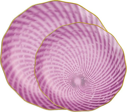 PLASTICPRO 30 Pack Plastic Set of 15-10 inch Plates and 15-7 inch Dishes Elegant Clear Purple Spiral and Gold Rim Disposable Fancy Plates Premium Heavyweight