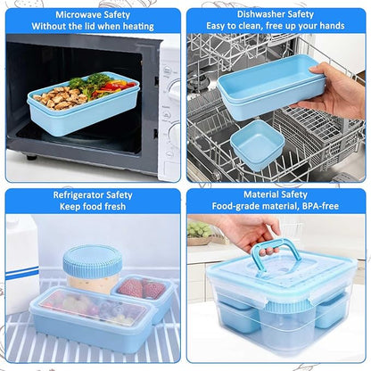 moleath Bento Box with 6 Removable Compartments Lunch Box, Microwave & Dishwasher Safe, Leakproof BPA-Free Snack Containers Ideal for Office, Picnic, Camping, Party, Travel, Blue