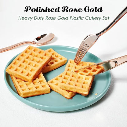 FOCUSLINE 300 Pack Disposable Rose Gold Plastic Forks, Solid and Durable Plastic Cutlery Forks, Heavy Duty Disposable Utensil Silverware for Catering, Parties, Dinners, Weddings