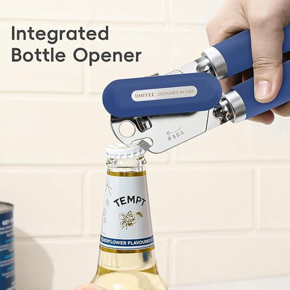 Can Opener Manual, UHIYEE Hand Held Manual Can Openers Heavy Duty with Smoother Cut Sharp Blade, Manual Hand Can Open with Soft Handle, Easy to Turn Knob, Magnetic Lid Lifter, Blue