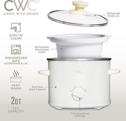 COOK WITH COLOR 2QT Mini Electric Round Slow Cooker - Adjustable Settings, Removable Stoneware Pot, Tempered Glass Lid, Dishwasher Safe, Cool-Touch Side Handles, Cream